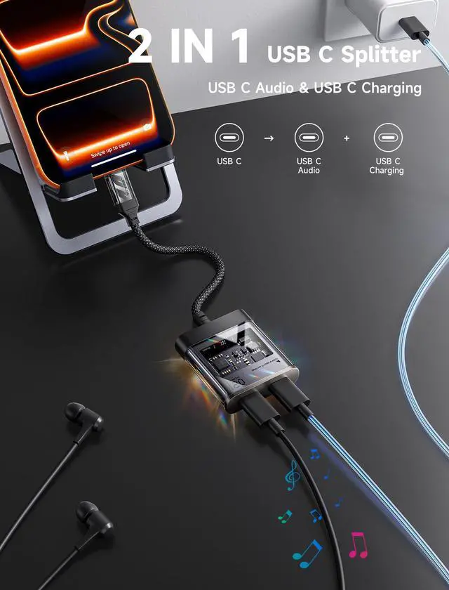 Alt view image 2 of 7 - Type C Splitter, 2 in 1 USB C Headphone and Charger Adapter, USB C Hi-Res 32bit/384kHz Audio and Type C PD 60W Fast Charging Dongle for iPhone 17 16 Pro Max, Galaxy S24 Ultra, iPad