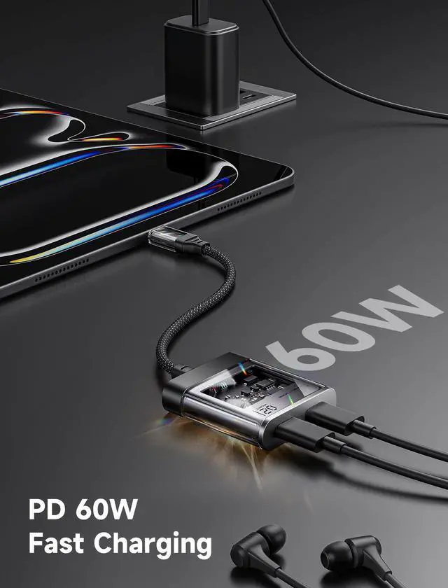 Alt view image 4 of 7 - Type C Splitter, 2 in 1 USB C Headphone and Charger Adapter, USB C Hi-Res 32bit/384kHz Audio and Type C PD 60W Fast Charging Dongle for iPhone 17 16 Pro Max, Galaxy S24 Ultra, iPad