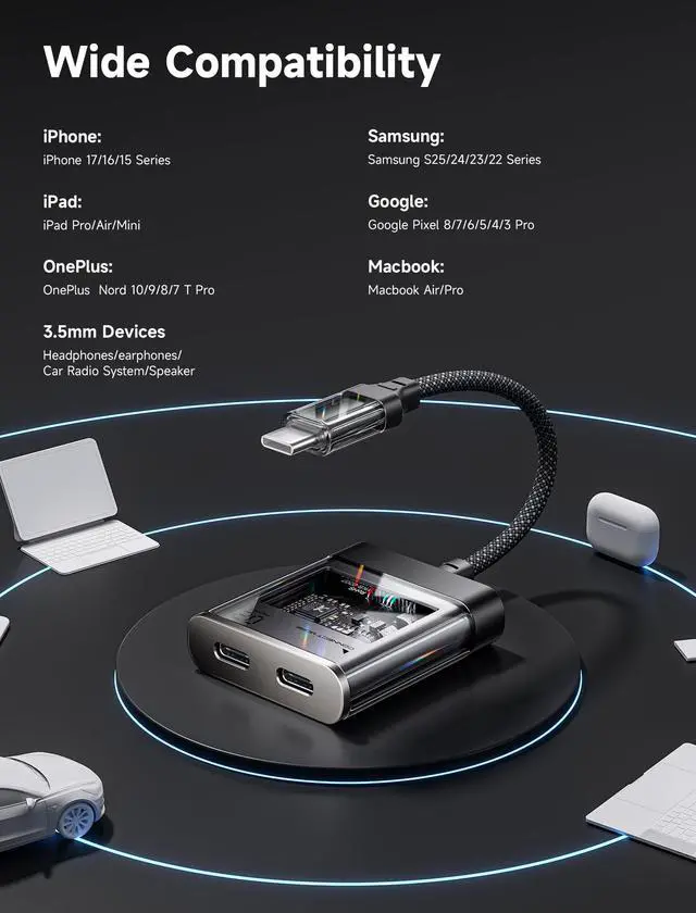 Alt view image 7 of 7 - Type C Splitter, 2 in 1 USB C Headphone and Charger Adapter, USB C Hi-Res 32bit/384kHz Audio and Type C PD 60W Fast Charging Dongle for iPhone 17 16 Pro Max, Galaxy S24 Ultra, iPad