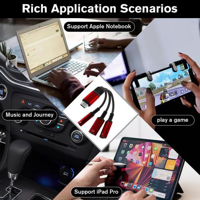 Alt view image 7 of 7 - 1 in 3 USB C to Type-C Charging and Type-C Headphones Plus 3.5mm Headphones PD 60W Charging Adapter, Compatible with GalaxyS22, iPad Pro, Pixel, iPhone 16 15, etc.red