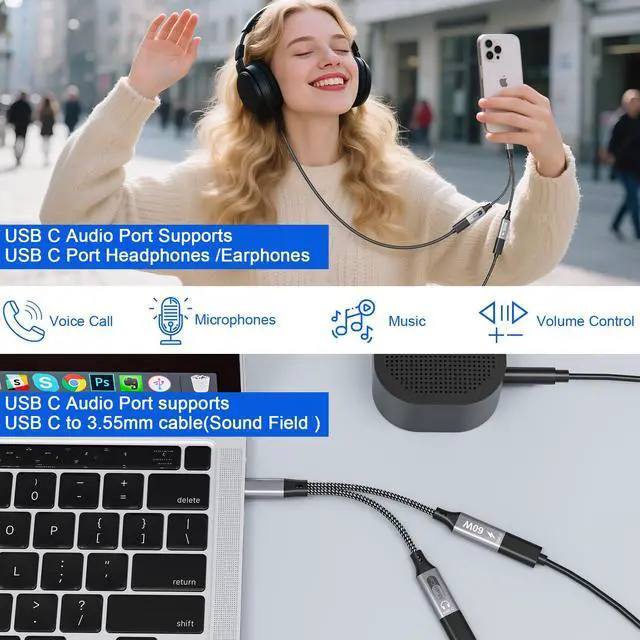 Alt view image 4 of 7 - Dual USB C Headphone and Charger with PD 100W Fast Charging, USB C Splitter Audio and Charging Surpport Music, Calling, Dual Type C Dongle Adapter for iPhone 16/15 Series, iPad, MacBook, Android