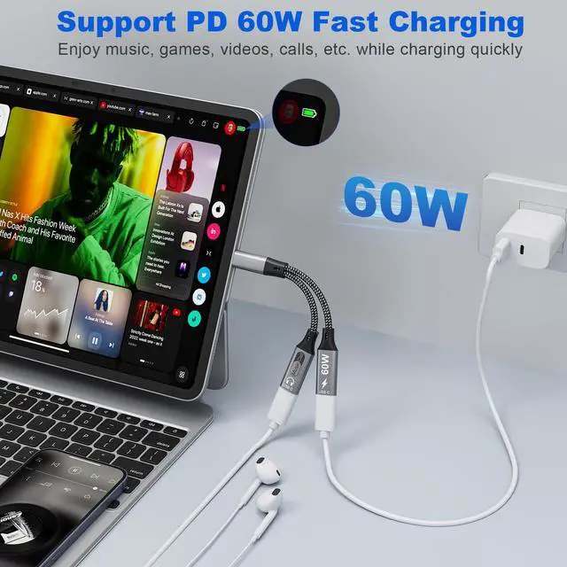 Alt view image 5 of 7 - Dual USB C Headphone and Charger with PD 100W Fast Charging, USB C Splitter Audio and Charging Surpport Music, Calling, Dual Type C Dongle Adapter for iPhone 16/15 Series, iPad, MacBook, Android