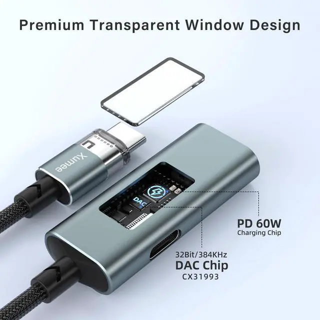 Alt view image 2 of 7 - USB C to 3.5mm Audio Adapter and Charger with CX31993 Chip(Hi-Res 32bit/384kHz,60W PD) 2 in 1 USB-C to Headphone Jack Aux Dongle for iPhone 17/16 Pro Max,Galaxy S25 Ultra S24