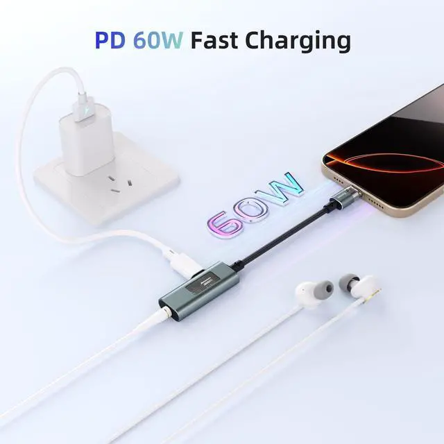 Alt view image 5 of 7 - USB C to 3.5mm Audio Adapter and Charger with CX31993 Chip(Hi-Res 32bit/384kHz,60W PD) 2 in 1 USB-C to Headphone Jack Aux Dongle for iPhone 17/16 Pro Max,Galaxy S25 Ultra S24