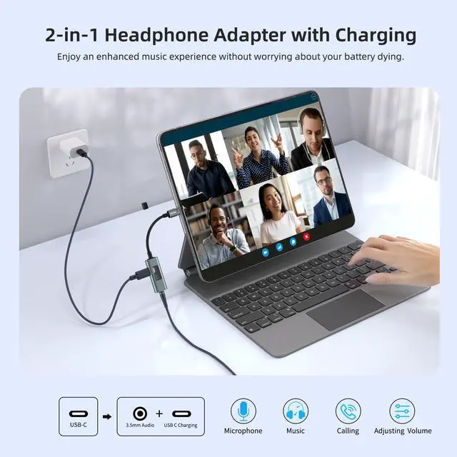 Alt view image 4 of 7 - USB C to 3.5mm Audio Adapter and Charger with CX31993 Chip(Hi-Res 32bit/384kHz,60W PD) 2 in 1 USB-C to Headphone Jack Aux Dongle for iPhone 17/16 Pro Max,Galaxy S25 Ultra S24