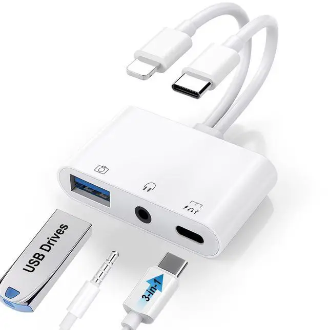 Main image of USB C & Lighting to 3.5mm Headphone Adapter, 3-in-1 USB OTG Camera Adapter & Aux Headphone Splitter, Supports Charging/Audio/Data Transfer for iPhone 17/16/15/14/13/12, Samsung Galaxy S25/24, Laptops