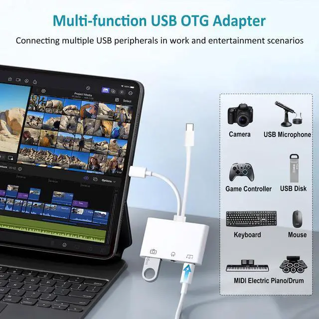 Alt view image 3 of 7 - USB C & Lighting to 3.5mm Headphone Adapter, 3-in-1 USB OTG Camera Adapter & Aux Headphone Splitter, Supports Charging/Audio/Data Transfer for iPhone 17/16/15/14/13/12, Samsung Galaxy S25/24, Laptops