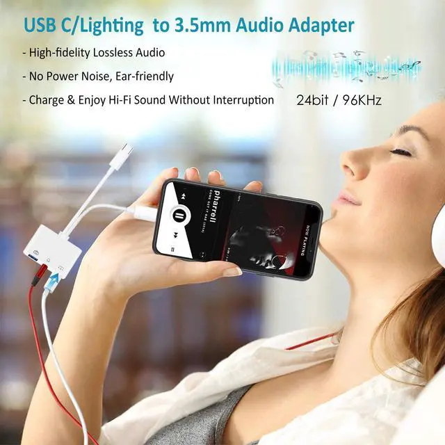 Alt view image 4 of 7 - USB C & Lighting to 3.5mm Headphone Adapter, 3-in-1 USB OTG Camera Adapter & Aux Headphone Splitter, Supports Charging/Audio/Data Transfer for iPhone 17/16/15/14/13/12, Samsung Galaxy S25/24, Laptops