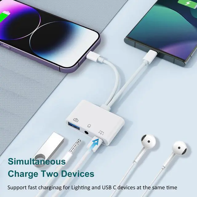 Alt view image 6 of 7 - USB C & Lighting to 3.5mm Headphone Adapter, 3-in-1 USB OTG Camera Adapter & Aux Headphone Splitter, Supports Charging/Audio/Data Transfer for iPhone 17/16/15/14/13/12, Samsung Galaxy S25/24, Laptops