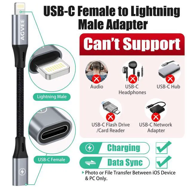 Alt view image 2 of 7 - 2 Pack 4 inch USB-C Female to Lightning Male Adapter, 30W Fast Charging Charger Converter for iPhone 14 13 12 11 Airpods iOS Device Carplay, Not for Audio, Dark Gray