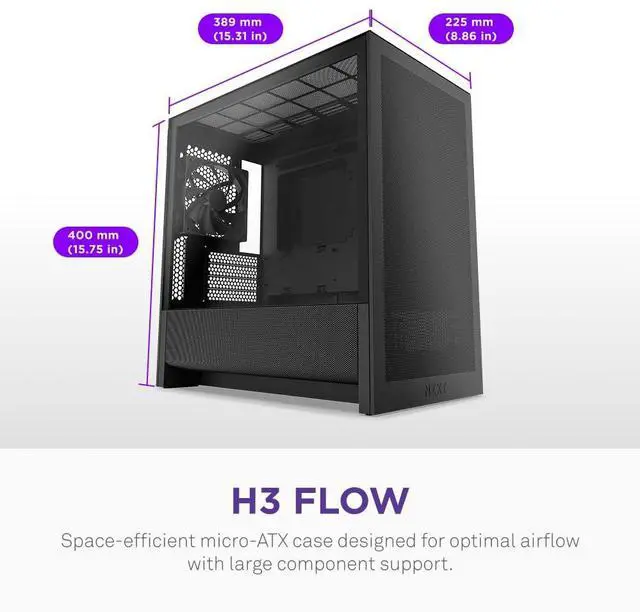 Alt view image 2 of 7 - H3 Flow Micro-ATX PC Case Optimized Airflow Includes 1 x 120mm Rear Fan Supports Full-Sized GPUs Fits 280mm Front, 240mm Top Radiator Back-Connect Motherboard Black