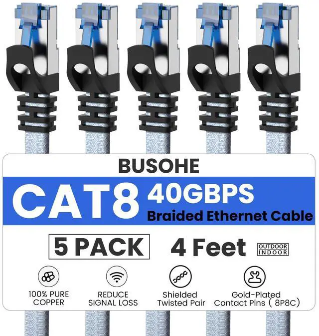 Main image of Cat 8 Ethernet Cable 4 FT 5 Pack, Nylon Braided High Speed Heavy Duty Network LAN Patch Cord, 40Gbps 2000Mhz SFTP Shielded RJ45 Flat Internet Cable for TV/PC/Router, in Wall, Indoor, Outdoor