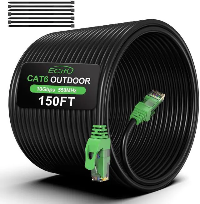 Main image of 150FT Cat6 Outdoor Ethernet Cable, In-Ground, Heavy Duty Direct Burial, 24AWG CCA Patch Cord for Laptops, PCs, Routers, Printers, Surveillance Camera, PoE, UTP Cat 6 Internet Cable with 25 Cable Ties