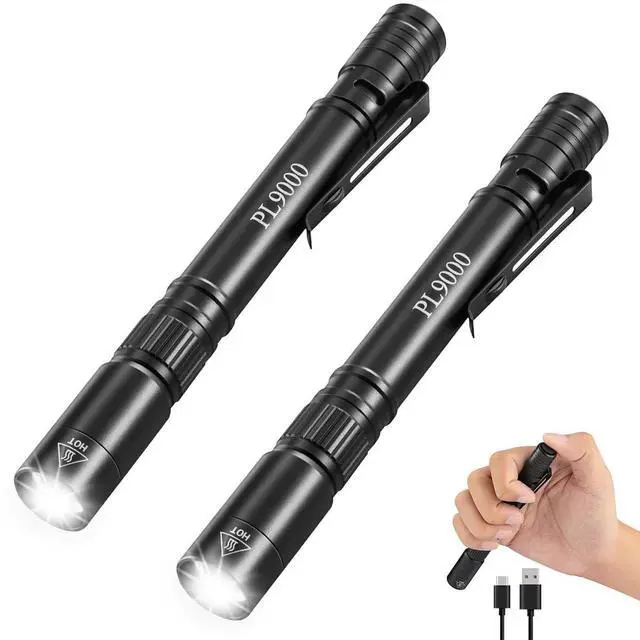 Main image of 2Pack Pen Flashlight Rechargeable PL9000, 5Mode Bright Pen Light Flashlight High Lumens, Waterproof Pocket Flashlights, EDC Adjustable Tactical Flash Light, LED Small Lights with Clip for Emergencies