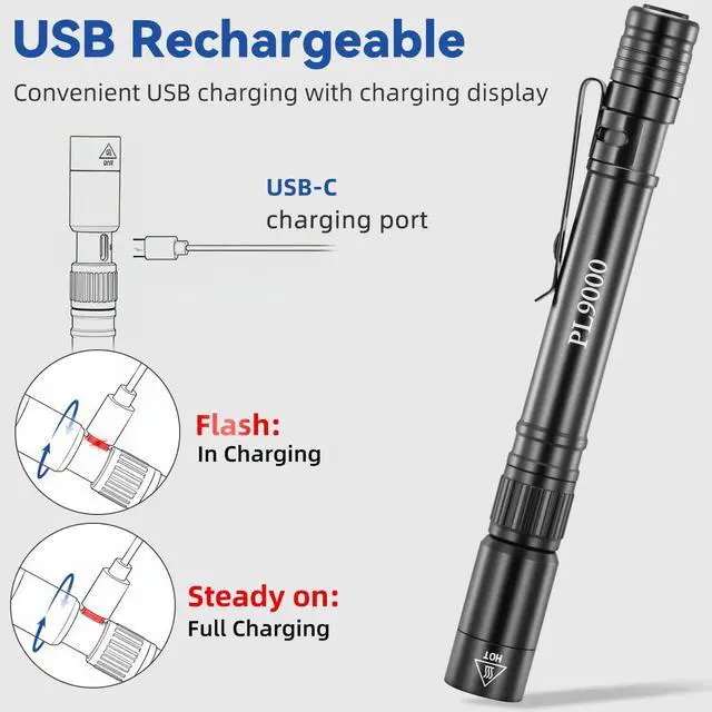 Alt view image 3 of 7 - 2Pack Pen Flashlight Rechargeable PL9000, 5Mode Bright Pen Light Flashlight High Lumens, Waterproof Pocket Flashlights, EDC Adjustable Tactical Flash Light, LED Small Lights with Clip for Emergencies
