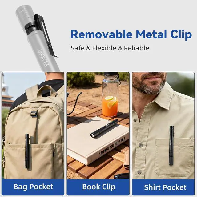 Alt view image 7 of 7 - 2Pack Pen Flashlight Rechargeable PL9000, 5Mode Bright Pen Light Flashlight High Lumens, Waterproof Pocket Flashlights, EDC Adjustable Tactical Flash Light, LED Small Lights with Clip for Emergencies