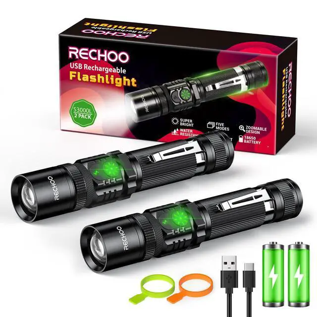 Main image of Flashlights USB Rechargeable 2 Pack Double Switch S3000L LED Tactical Flashlight High Lumens Super Bright 5 Modes Zoomable Waterproof Flashlight for Camping, Emergency