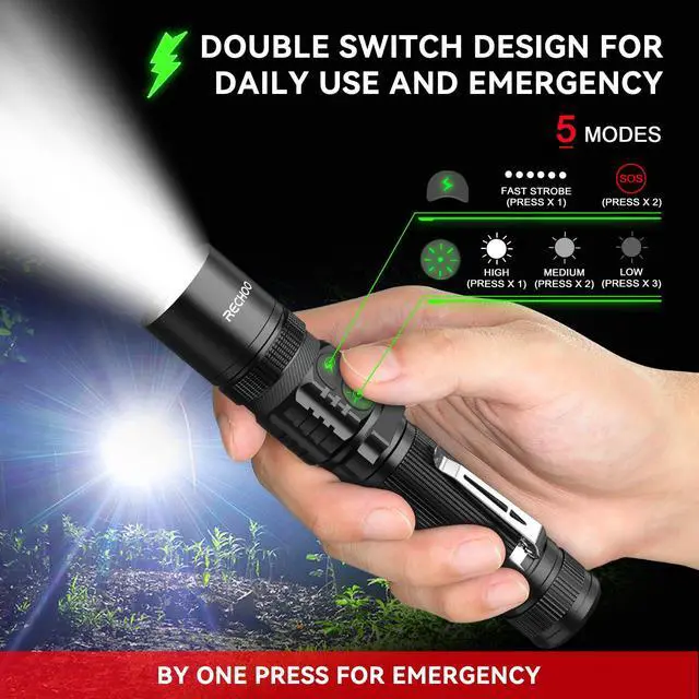 Alt view image 2 of 7 - Flashlights USB Rechargeable 2 Pack Double Switch S3000L LED Tactical Flashlight High Lumens Super Bright 5 Modes Zoomable Waterproof Flashlight for Camping, Emergency