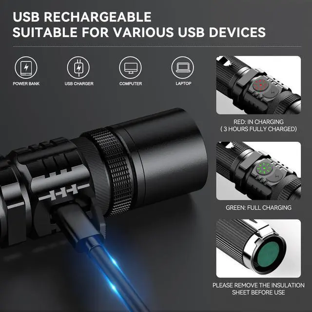 Alt view image 4 of 7 - Flashlights USB Rechargeable 2 Pack Double Switch S3000L LED Tactical Flashlight High Lumens Super Bright 5 Modes Zoomable Waterproof Flashlight for Camping, Emergency