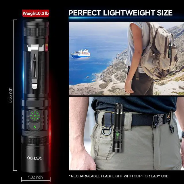 Alt view image 5 of 7 - Flashlights USB Rechargeable 2 Pack Double Switch S3000L LED Tactical Flashlight High Lumens Super Bright 5 Modes Zoomable Waterproof Flashlight for Camping, Emergency