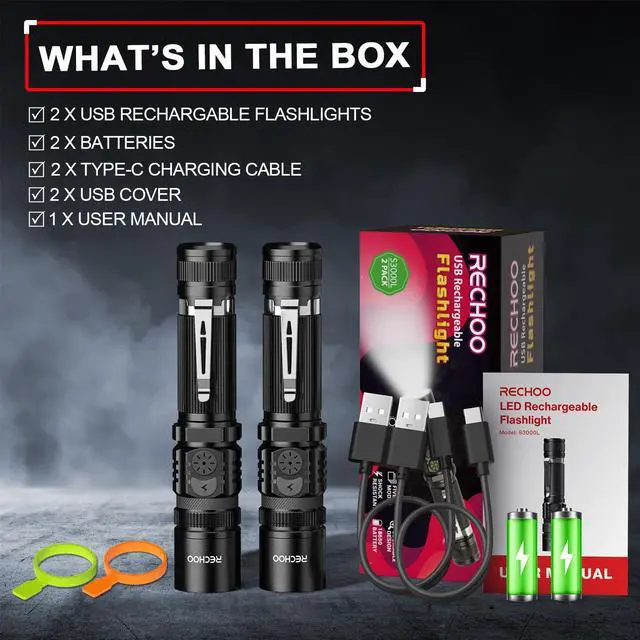 Alt view image 7 of 7 - Flashlights USB Rechargeable 2 Pack Double Switch S3000L LED Tactical Flashlight High Lumens Super Bright 5 Modes Zoomable Waterproof Flashlight for Camping, Emergency