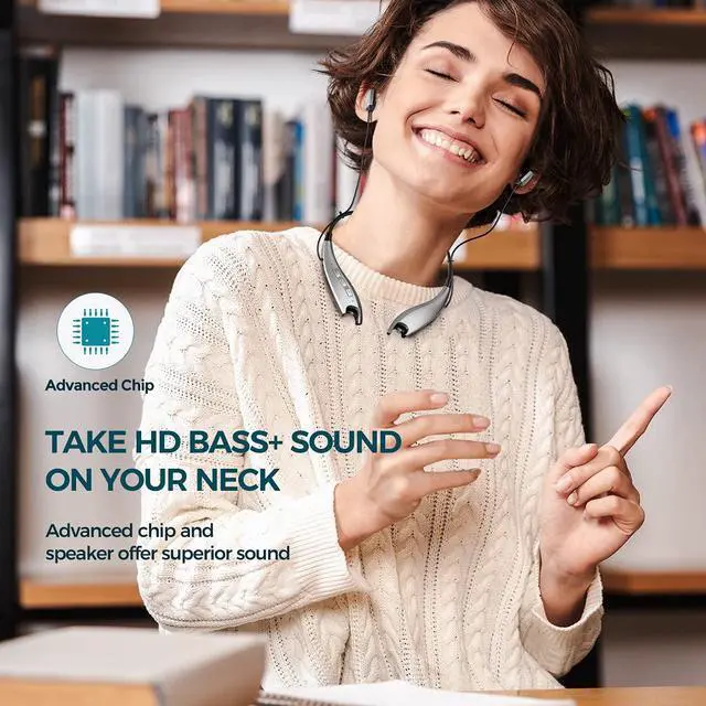 Alt view image 2 of 7 - Neckband Headphones, Around The Neck Bluetooth Headphones w/Noise Cancelling Microphone, Bluetooth Headset w/ 22hrs Playtime, Neck Earphones Stereo Bass, for Music, Conference, Video, Call, Silver