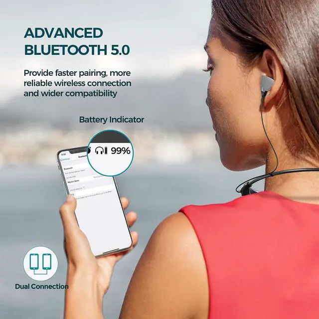 Alt view image 5 of 7 - Neckband Headphones, Around The Neck Bluetooth Headphones w/Noise Cancelling Microphone, Bluetooth Headset w/ 22hrs Playtime, Neck Earphones Stereo Bass, for Music, Conference, Video, Call, Silver