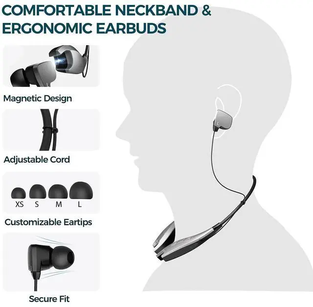 Alt view image 6 of 7 - Neckband Headphones, Around The Neck Bluetooth Headphones w/Noise Cancelling Microphone, Bluetooth Headset w/ 22hrs Playtime, Neck Earphones Stereo Bass, for Music, Conference, Video, Call, Silver