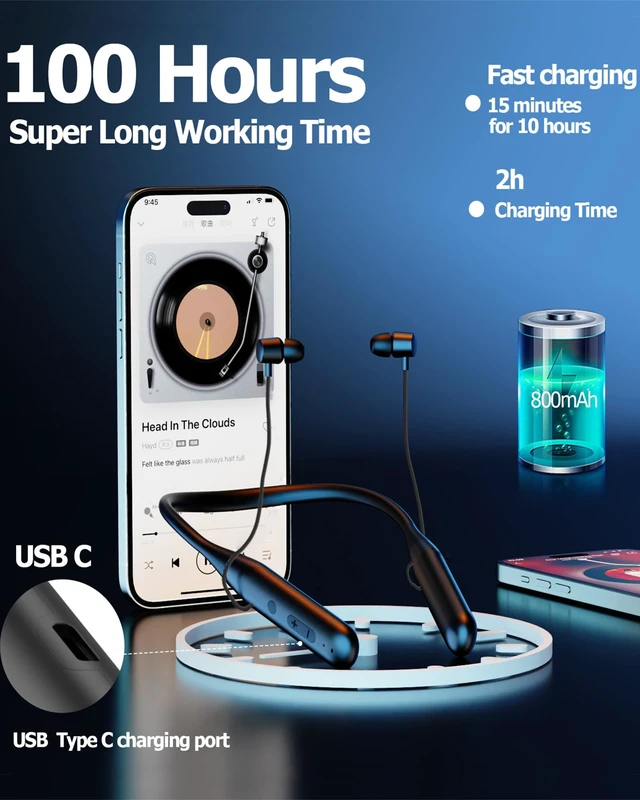 Alt view image 5 of 6 - Neckband Bluetooth Wireless Headphones,Around the Neck Bluetooth Wireless Earbuds Headset,100 Hours Long Playtime,Waterproof Over Neck Sport Work Exercise Earphone with Carrying Case (Black)