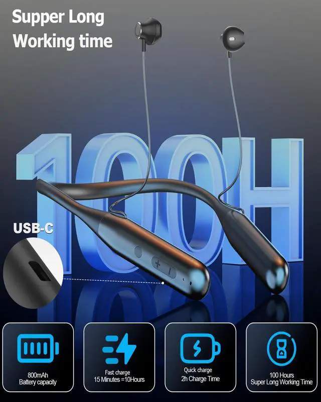 Alt view image 2 of 7 - Wireless Bluetooth Neckband Headphones 100 Hours Long Playtime,Around The Neck Bluetooth Earbuds with Microphone,Waterproof Sport Earphone,Over The Neck Headset with Storage Case