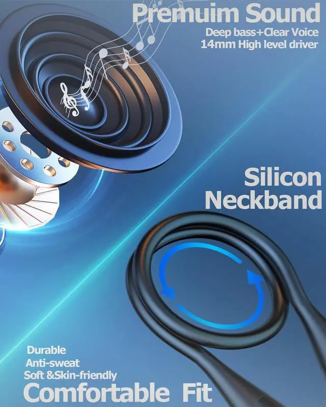 Alt view image 4 of 7 - Wireless Bluetooth Neckband Headphones 100 Hours Long Playtime,Around The Neck Bluetooth Earbuds with Microphone,Waterproof Sport Earphone,Over The Neck Headset with Storage Case