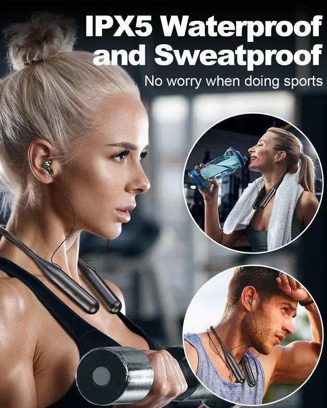 Alt view image 6 of 7 - Wireless Bluetooth Neckband Headphones 100 Hours Long Playtime,Around The Neck Bluetooth Earbuds with Microphone,Waterproof Sport Earphone,Over The Neck Headset with Storage Case
