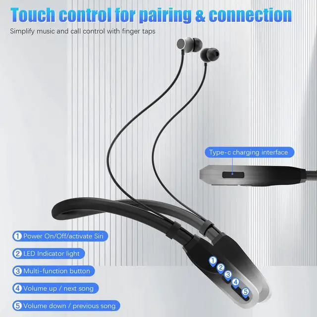 Alt view image 4 of 7 - Neckband Bluetooth Headphones, 200H Extra Long Playtime Wireless Stereo Neckband Earbuds with Microphone, Waterproof Balanced Armature Drivers in Ear Headset for Sports/Workout (Silver)