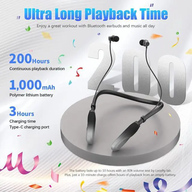 Alt view image 2 of 7 - Neckband Bluetooth Headphones, 200H Extra Long Playtime Wireless Stereo Neckband Earbuds with Microphone, Waterproof Balanced Armature Drivers in Ear Headset for Sports/Workout (Silver)