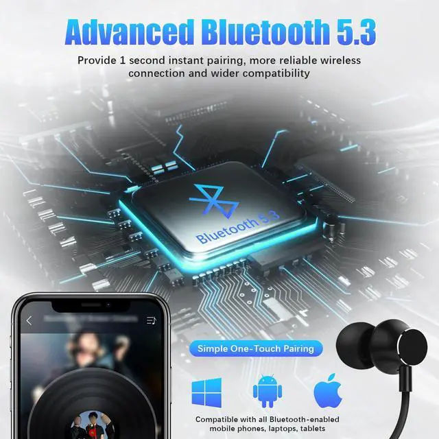 Alt view image 7 of 7 - Neckband Bluetooth Headphones, 200H Extra Long Playtime Wireless Stereo Neckband Earbuds with Microphone, Waterproof Balanced Armature Drivers in Ear Headset for Sports/Workout (Silver)