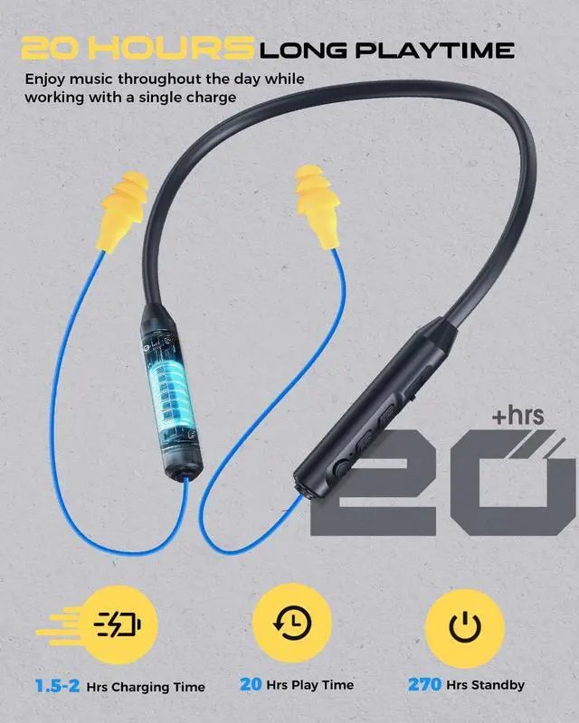 Alt view image 3 of 7 - Bluetooth Earplug Headphones, Neckband Wireless Earbuds earplugs-29db Noise Reduction isolating in-Ear earplug Earphones and Controls,IPX6 sweatproof,20+Hour Battery(Blue)