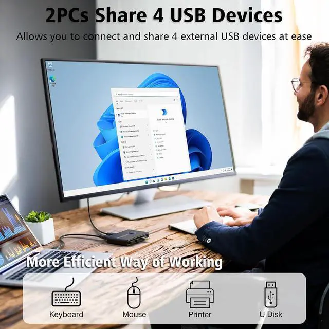 Main image of USB 3.0 Switch Selector for 2 Computers, USB Switcher Sharing 4 USB Devices Peripheral Hub for Mouse, Keyboard, Scanner, Printer; for Mac/Windows/Linux; 2 Pack USB Cables Included