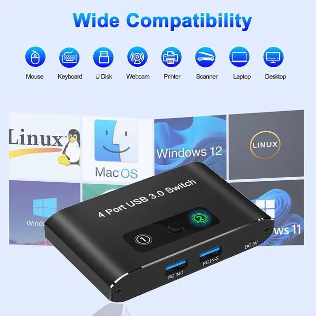 Alt view image 5 of 7 - USB Switch, USB Switcher 2 Computers, USB 3.0 Switch Sharing 4 USB Devices KVM Switcher Box for PC, Printer, Scanner, Mouse, Keyboard with 2 Pack USB Cable, Compatible with Mac/Windows/Linux