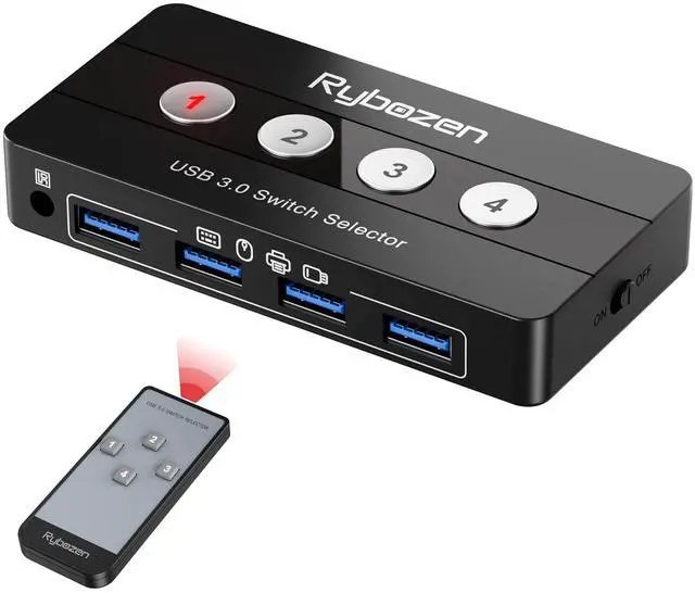 Main image of USB 3.0 Switch Selector, 4 Port KVM Switch USB Peripheral Switcher Box, 4 Computers Sharing 4 USB Devices, Button Switch & Remote Control