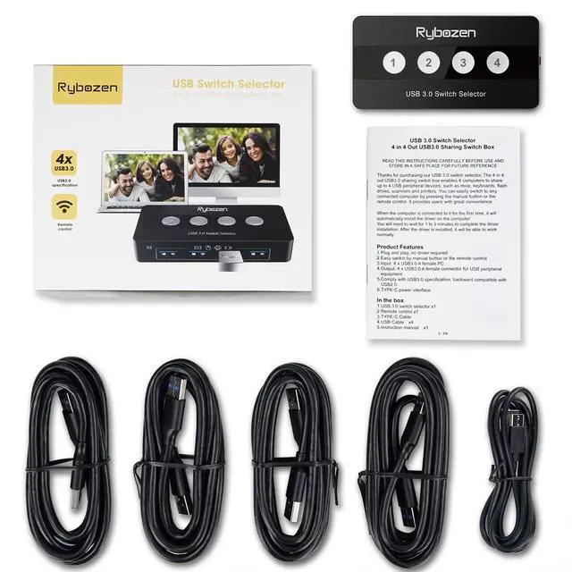 Alt view image 7 of 7 - USB 3.0 Switch Selector, 4 Port KVM Switch USB Peripheral Switcher Box, 4 Computers Sharing 4 USB Devices, Button Switch & Remote Control