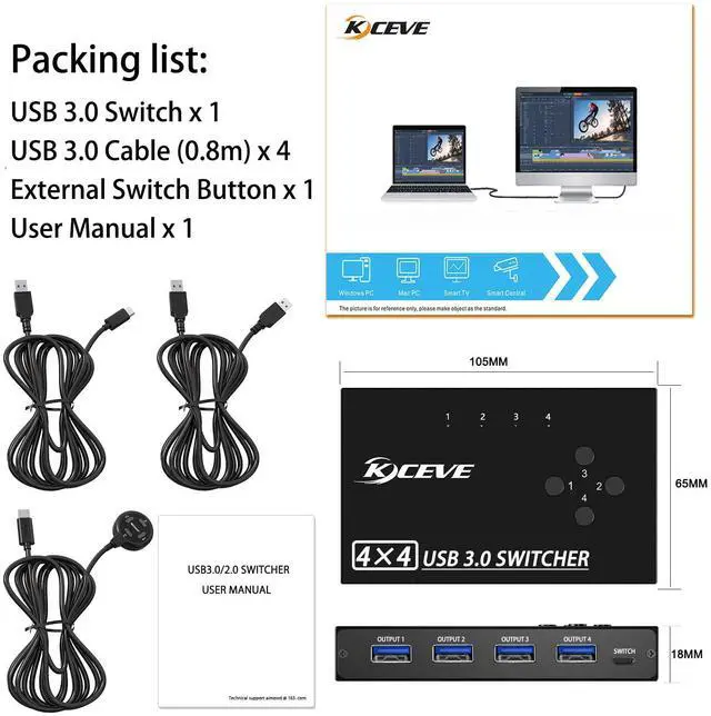 Alt view image 7 of 7 - USB 3.0 Switch Selector 4 Port,KVM Switcher 4 Computers Sharing 4 USB Devices,USB Peripheral Switcher for Keyboard Mouse Printer Scanner,with Wired Remote Button and 4 USB 3.0 Cable