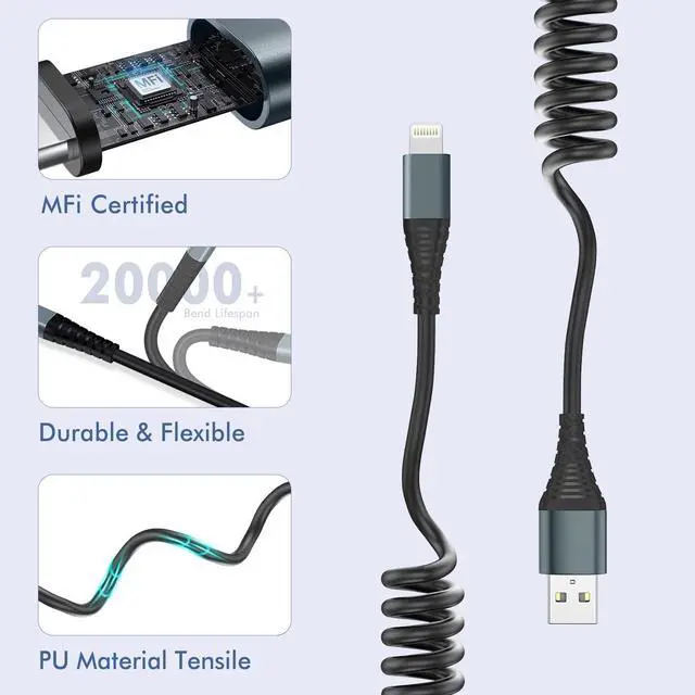Alt view image 5 of 7 - Coiled Lightning Cable 6FT,2 Pack MFi Certified Retractable iPhone Car Charger Cord,Apple CarPlay Cable Compatible with iPhone 14/13/12/11 Pro Max/XS Max/XR/X/8/7/iPad