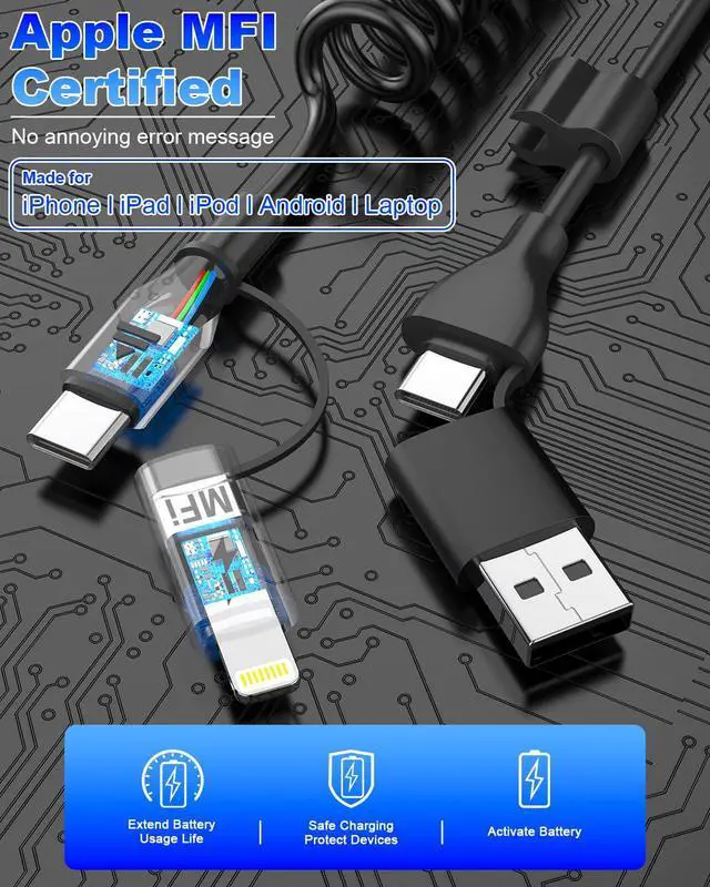 Alt view image 6 of 7 - Coiled USB C and Lightning Cable 2 in 1, 3FT Retractable iPhone 15 16 17 Car Charger Cord 60W Fast Charging Apple USB C CarPlay Cable Type C Car Charger Cord for iPhone 17-6/Samsung/pad/Airpod