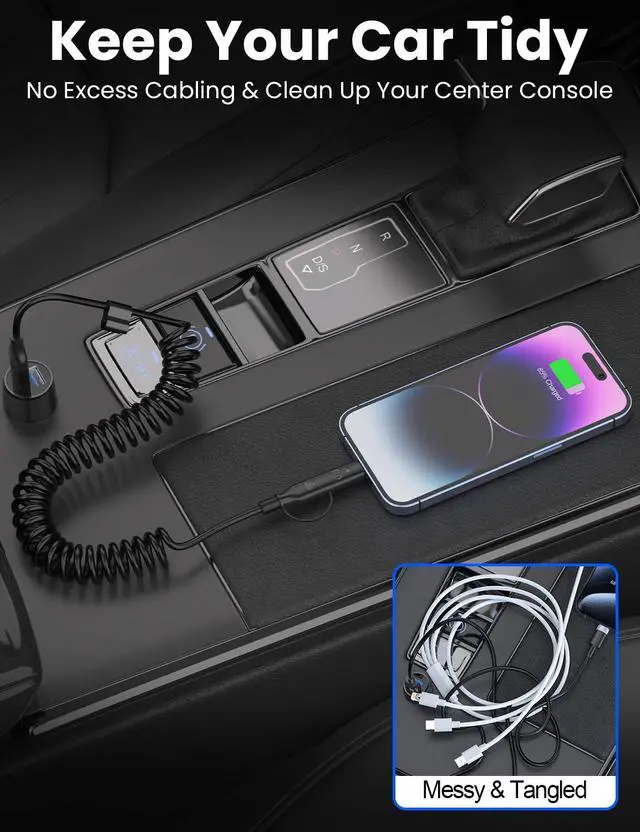 Alt view image 5 of 7 - Coiled USB-C and Lightning Cable 2-in-1, 3FT iPhone 17 16 Car Charger Cord, 60W Fast Charging Cable for iPhone 15, Samsung Galaxy Supports Apple CarPlay & Android Auto (Black)