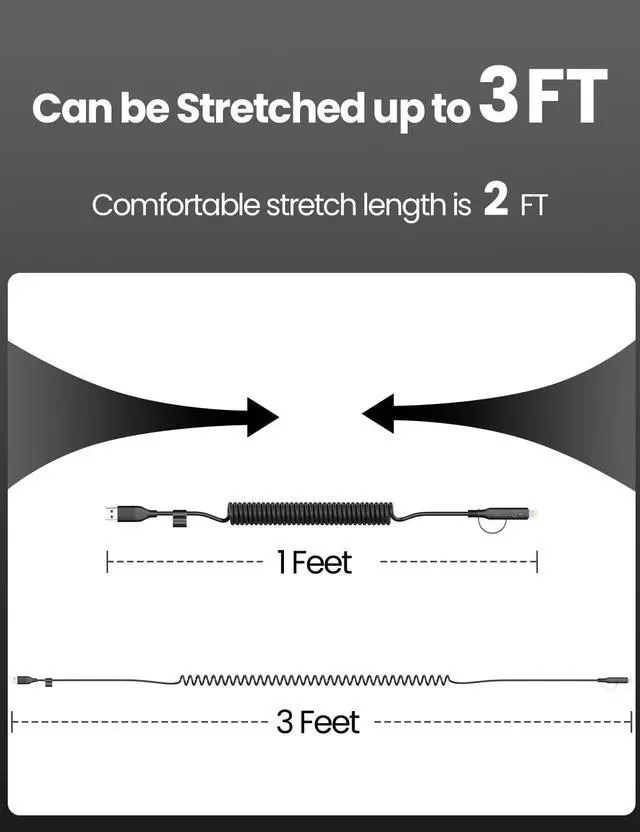 Alt view image 7 of 7 - Coiled USB-C and Lightning Cable 2-in-1, 3FT iPhone 17 16 Car Charger Cord, 60W Fast Charging Cable for iPhone 15, Samsung Galaxy Supports Apple CarPlay & Android Auto (Black)