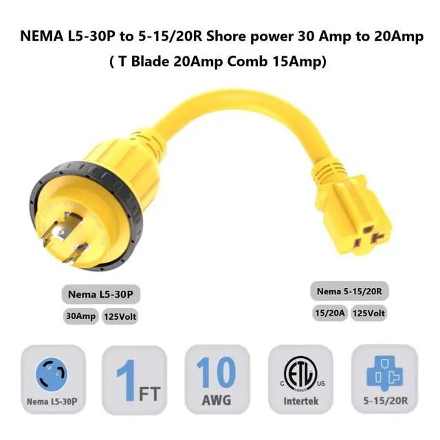 Alt view image 2 of 6 - 1FT 30-Amp to 15-Amp Marine-Shore Power-Adapter NEMA L5-30P to 5-15/20R,10AWG 30Amp to 20Amp T Blade Marine Adapter Plug,Twist Lock 125V 30A to 20A/ 15A Household Outlet Pigtail Boat