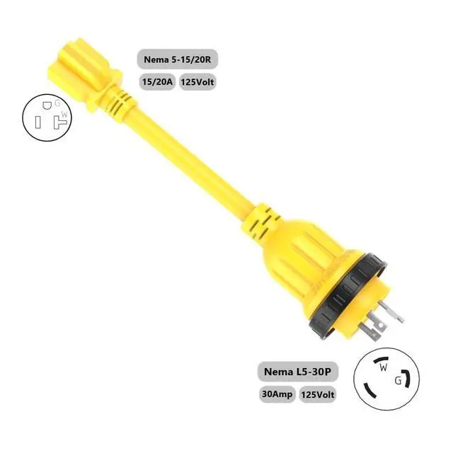 Alt view image 4 of 6 - 1FT 30-Amp to 15-Amp Marine-Shore Power-Adapter NEMA L5-30P to 5-15/20R,10AWG 30Amp to 20Amp T Blade Marine Adapter Plug,Twist Lock 125V 30A to 20A/ 15A Household Outlet Pigtail Boat