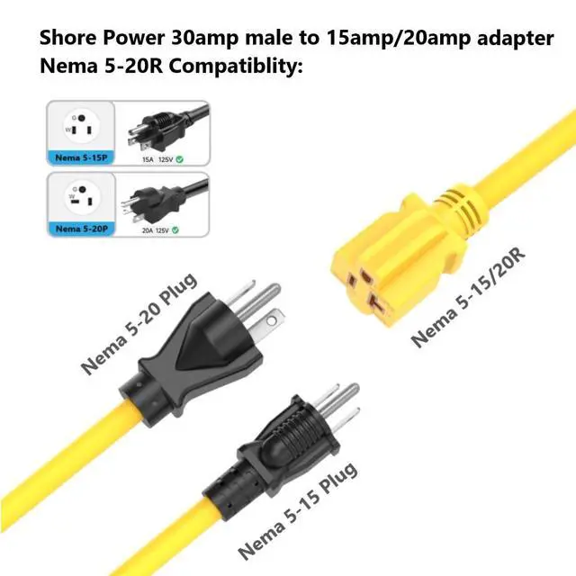 Alt view image 5 of 6 - 1FT 30-Amp to 15-Amp Marine-Shore Power-Adapter NEMA L5-30P to 5-15/20R,10AWG 30Amp to 20Amp T Blade Marine Adapter Plug,Twist Lock 125V 30A to 20A/ 15A Household Outlet Pigtail Boat