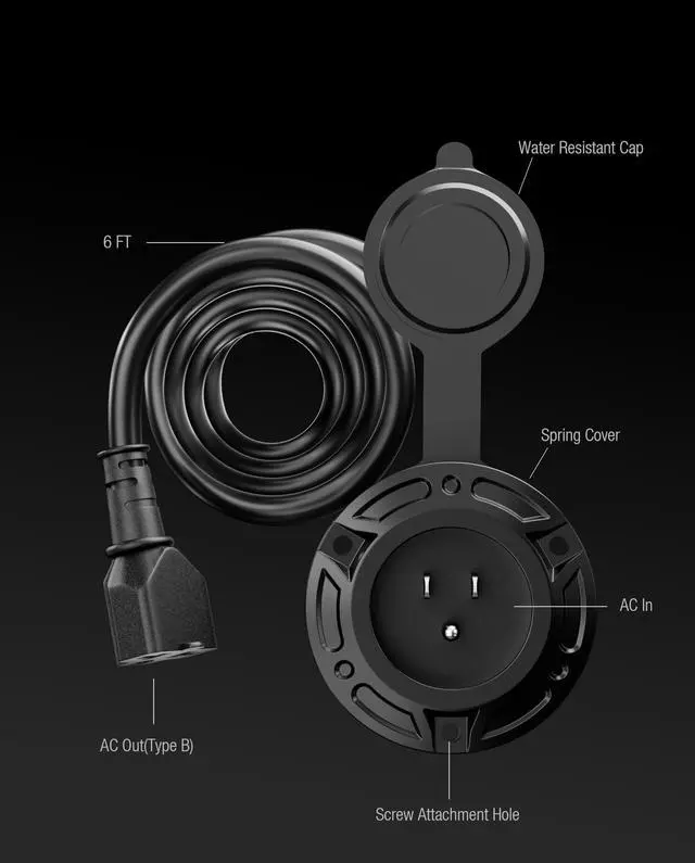 Alt view image 7 of 7 - Heavy-Duty 20A 125V RV Shore Power Inlet Plug with 6 Feet Extension Cord, 5-in-1 T-Blade Adapter, Waterproof Outlet Box & Cap for RVs Trailers Boats - Outdoor Electrical System (12AWG), 6 Feet