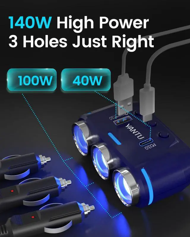 Alt view image 3 of 7 - QC3.0&PD 40W Cigarette Lighter Adapter, 3-Socket 140W Cigarette Lighter Splitter with 12v USB Outlet,Car Charger Adapter with Double/Dual/USB C Charger Multi Port/Plug Outlet for Car Devices